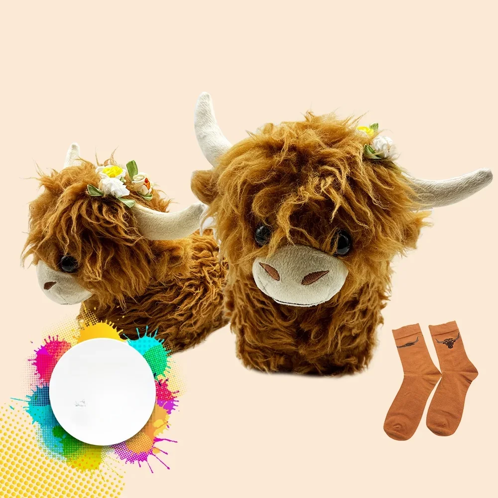 Highland Cow Pluszowe kapcie ze skarpetką Kobiety Mężczyźni Puszyste kapcie bydlęce Ciepłe miękkie domowe buty Zwierzęta Świąteczne prezenty urodzinowe — zdjęcie 2