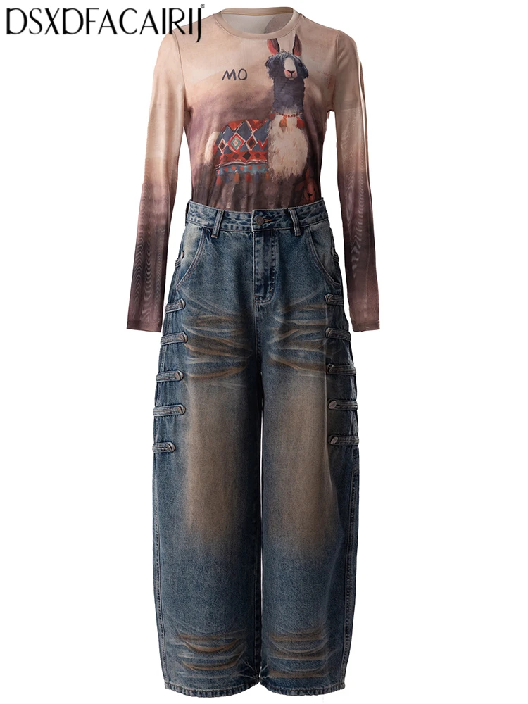DSXDFACAIRIJ Women's O-Neck Long-sleeved Print Top Buttons Pockets Design Spring Autumnal High Street New model jeans 2-Piece