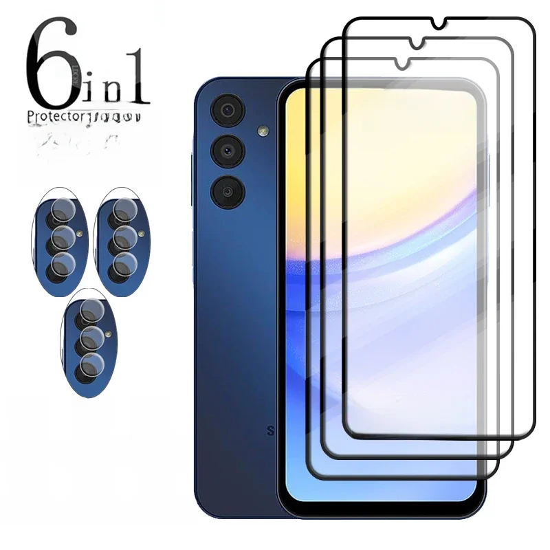Verre de couverture 6 en 1 pour Samsung A15 verre Samsung A15 colle complète 9H protecteur d'écran Samsung Galaxy A05 A05S A35 A15 A25 verre d'objectif
