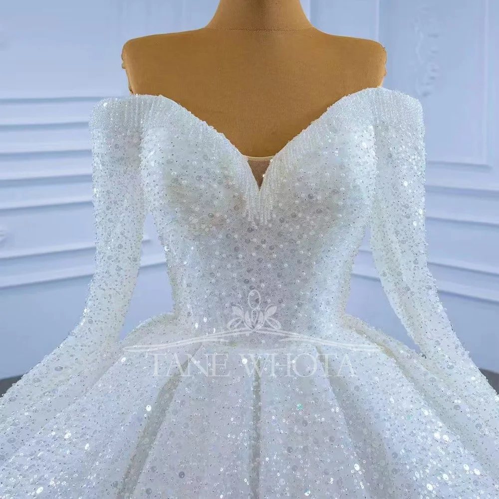 Блестящее свадебное платье с открытыми плечами и длинными рукавами, бальное платье с блестками, роскошные белые свадебные платья