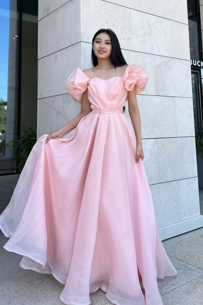 Jessica Sweet Pink Evening Dresses Fluffy Organza Sleeves Prom Dresses Princess Special Occasion Party Customized