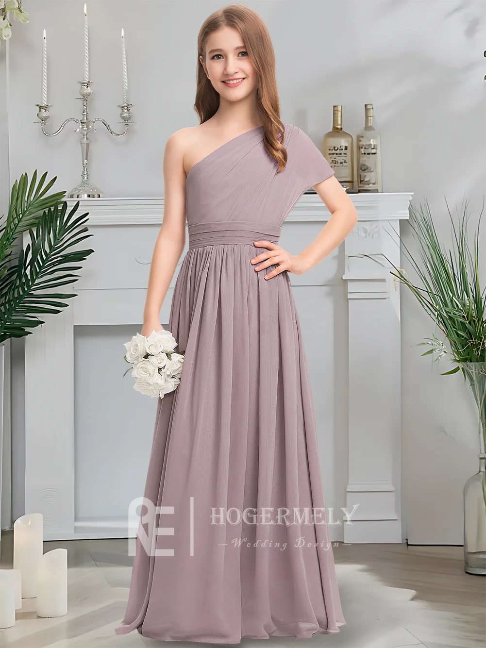 豪華なワンショルダー ジュニア ブライズメイド ドレス キッズ モーブ フラワー ガール ドレス フロアレングス シフォン カスケード フリル付き