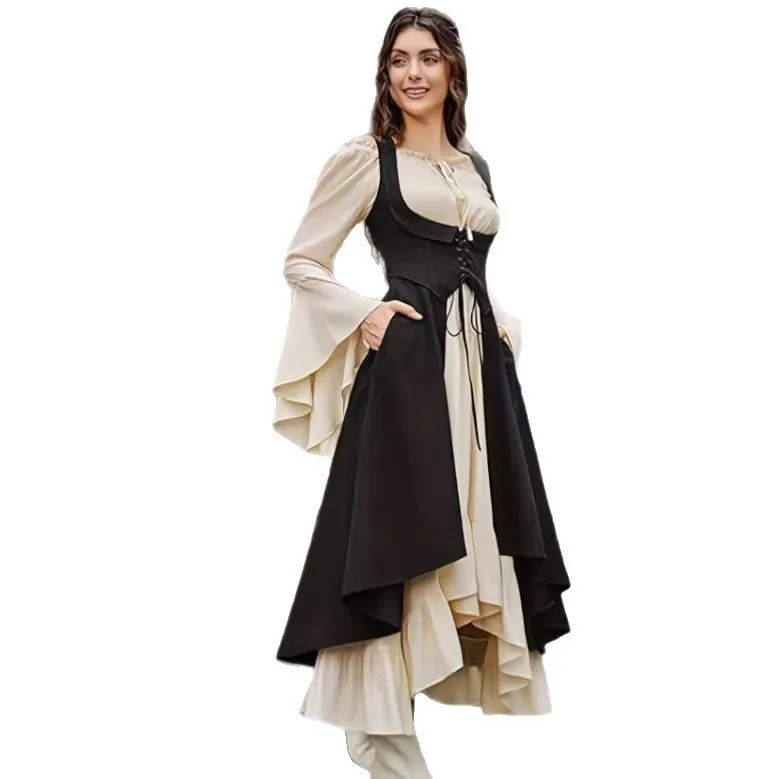 Two Set Wrap Top Set Mid Waist Literary Retro Long Skirt with Half Open Neck High Low Hem Dress Renaissance Costume for Women - view 2