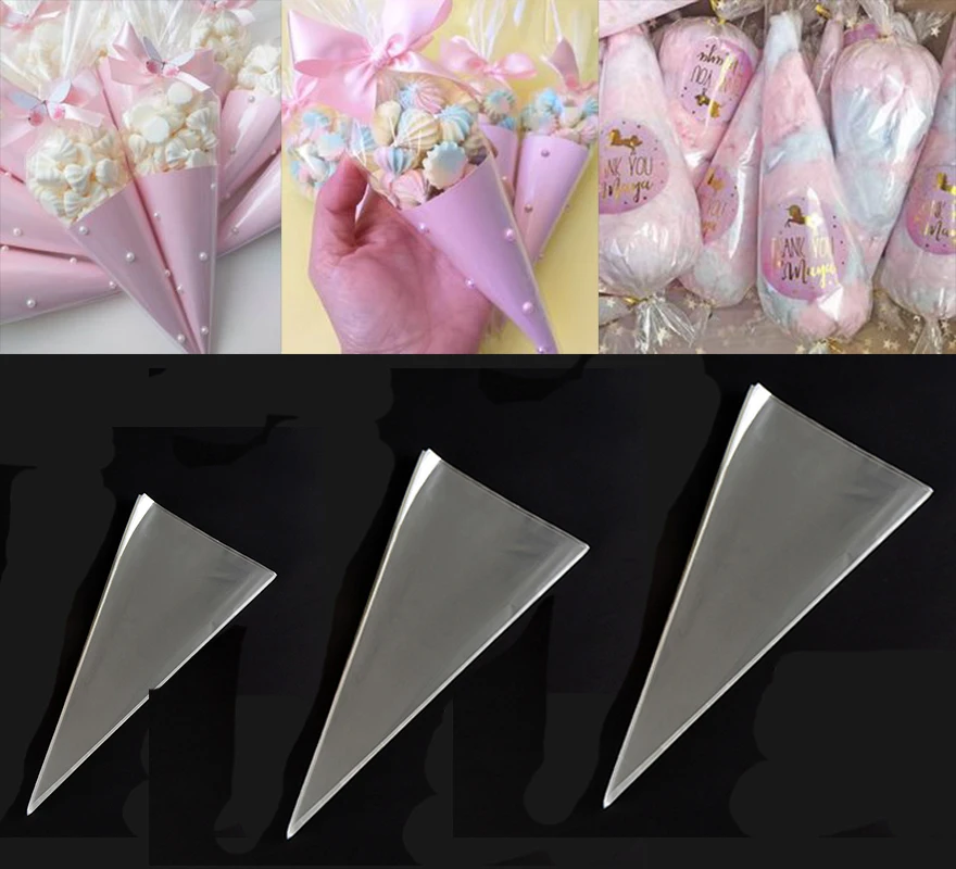 50pcs Cone Candy Bag Transparent Plastic Triangle Ice Cream Cone Candy Popcorn Bag With Kink Gift Bag Trick Or Treat Packaging