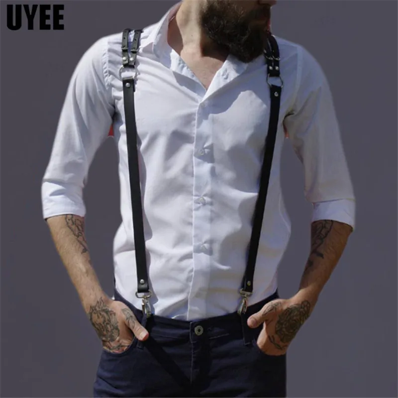 UYEE-Tirantes de cuero PU negro para hombre, liguero gótico ajustable, 3 Clips, Brace Rave Otfit Rock