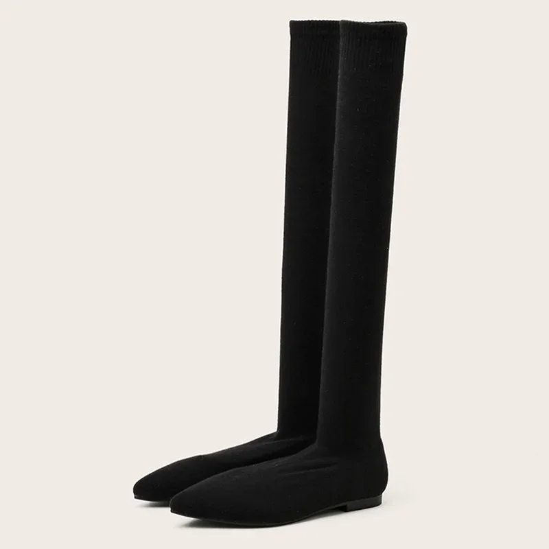 Taille 34-40 mode jambe mince cuisse haute chaussette bottes femmes noir tissu extensible bout pointu talons plats sur le genou sans lacet chaussures