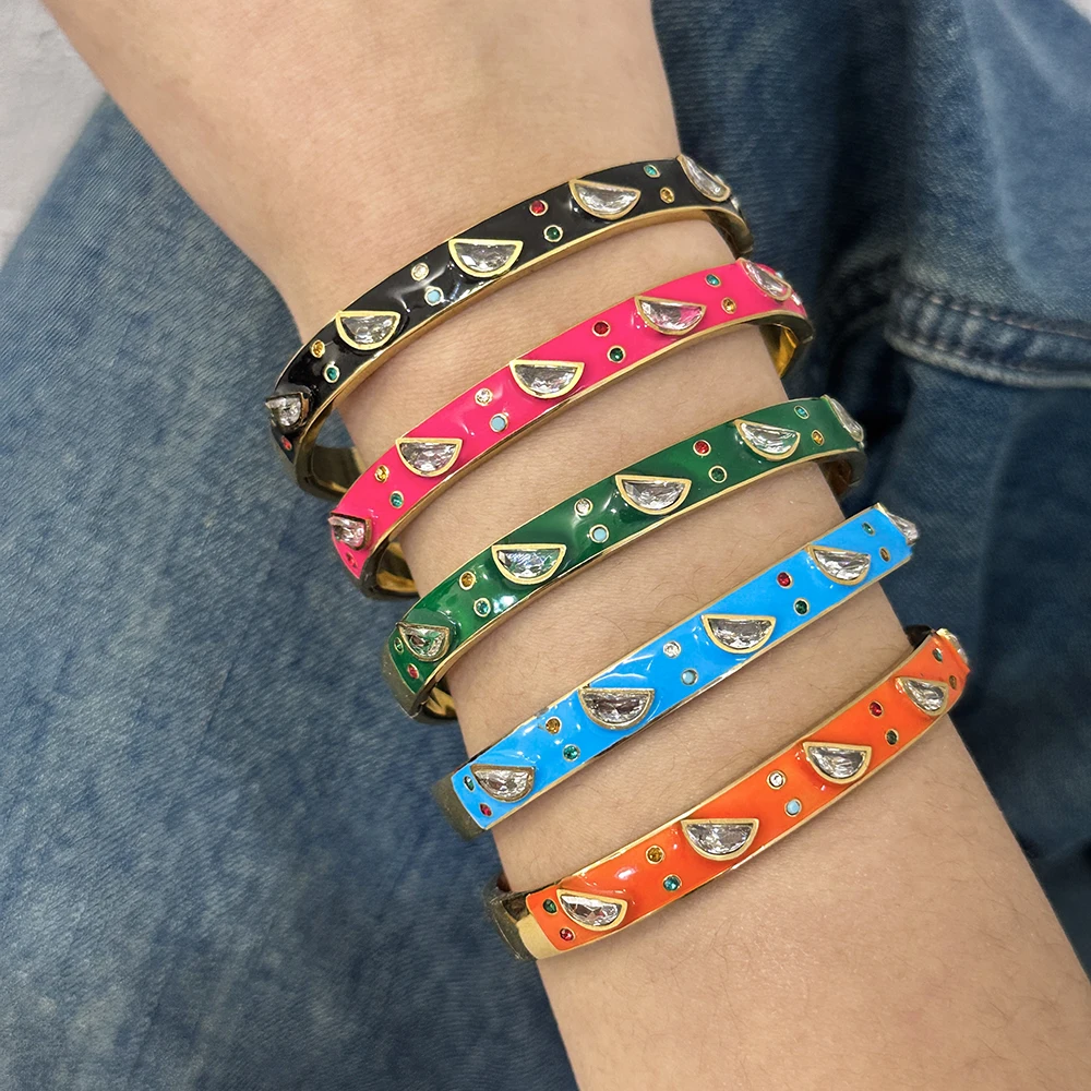 

New Stainless Steel Colorful Pattern Enamel Painted Bangle Bracelet for Women Rhinestones Waterproof Wristband Jewelry Gifts
