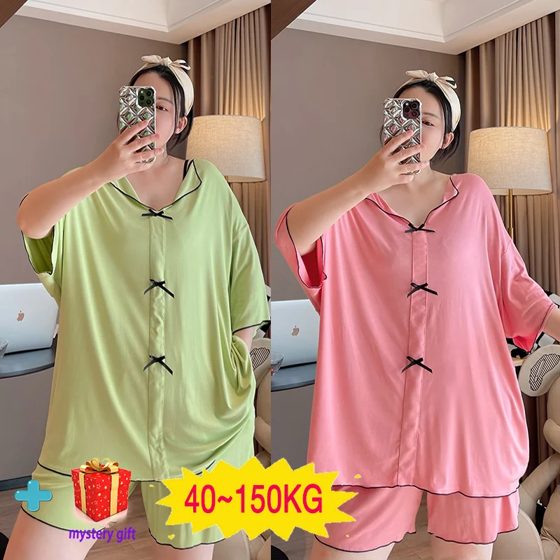 Conjuntos de pijama feminino manga curta com decote V, casual, roupa de dormir fina, pijamas soltos, lazer de verão, plus size, novo, 2 peças