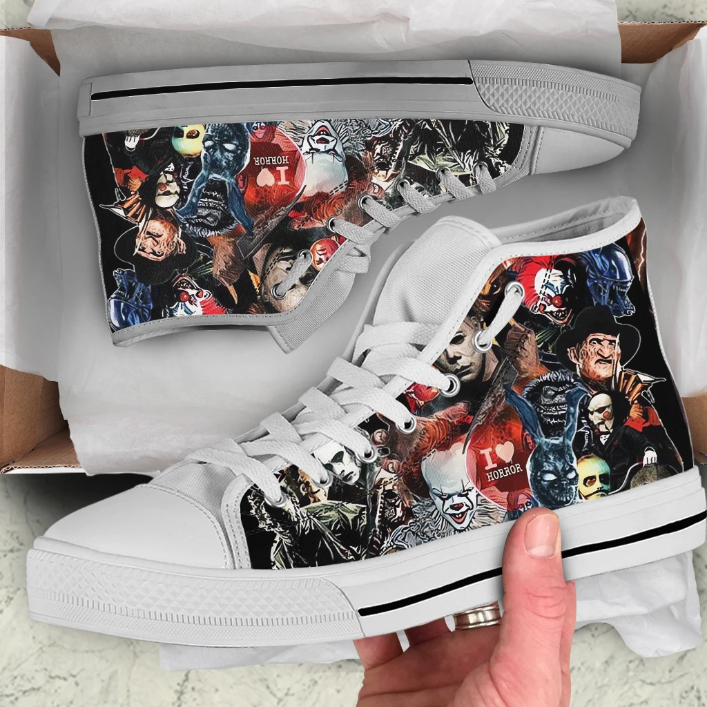 INSTANTARTS-Zapatillas de lona con personajes de terror para hombre, calzado informal con cordones, vulcanizados, temática de Halloween