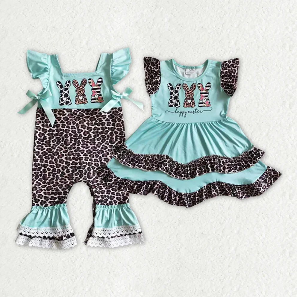 

Kids Easter Clothes Short Sleeve Bunny Print Dress And Romper Baby Girls Match Sibling Outfits