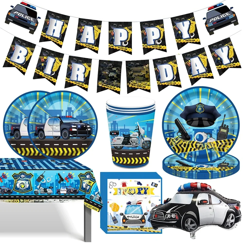 Décorations de fête d'anniversaire à thème de Police, vaisselle jetable, assiettes, serviettes, tasses, fournitures de fête d'anniversaire pour officier de Police