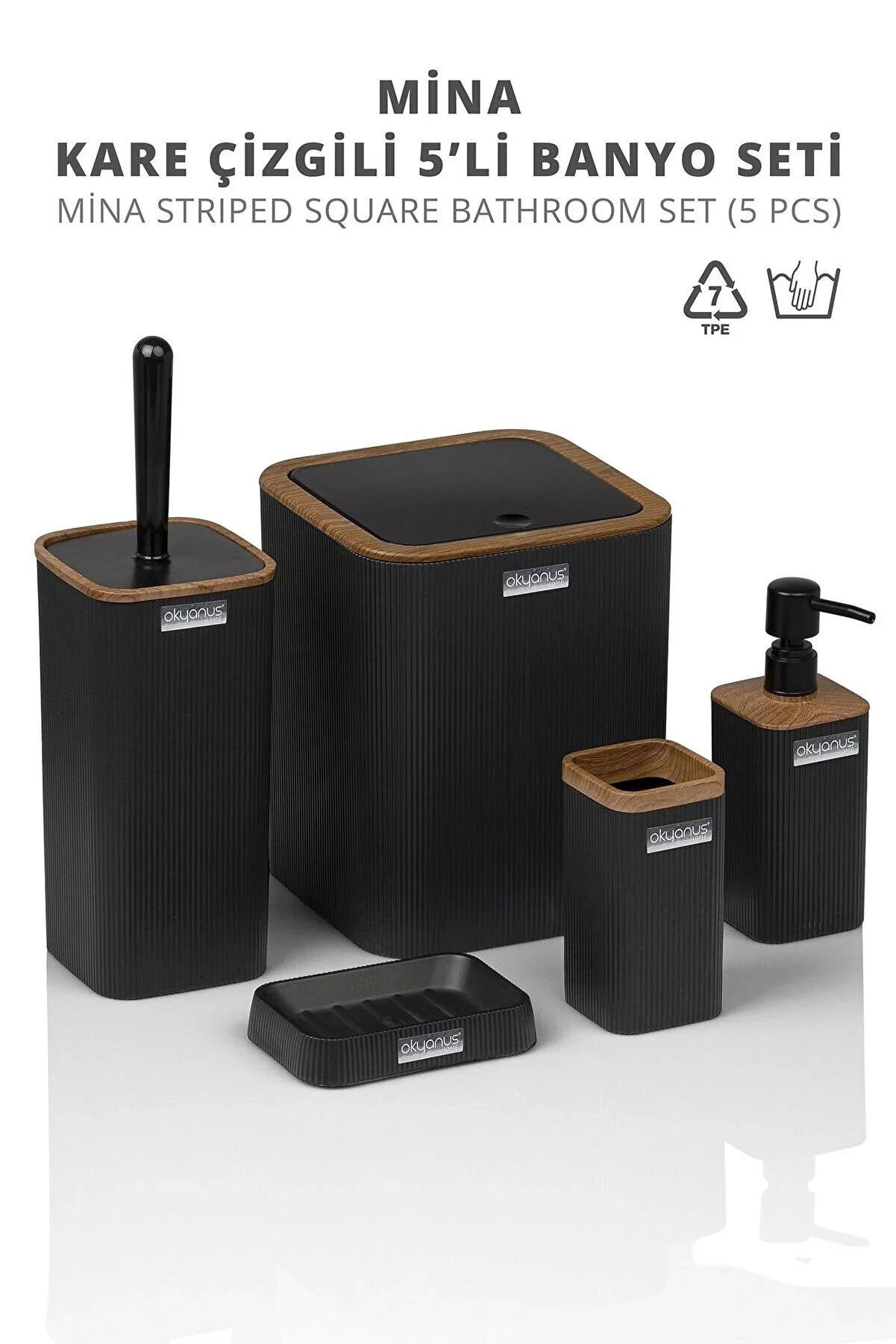 5 PCS Bathroom Organizer Set Striped Square Accessories Toothbrush Holder Toilet Brush Soap Liquid Storage Dispenser Trash Can