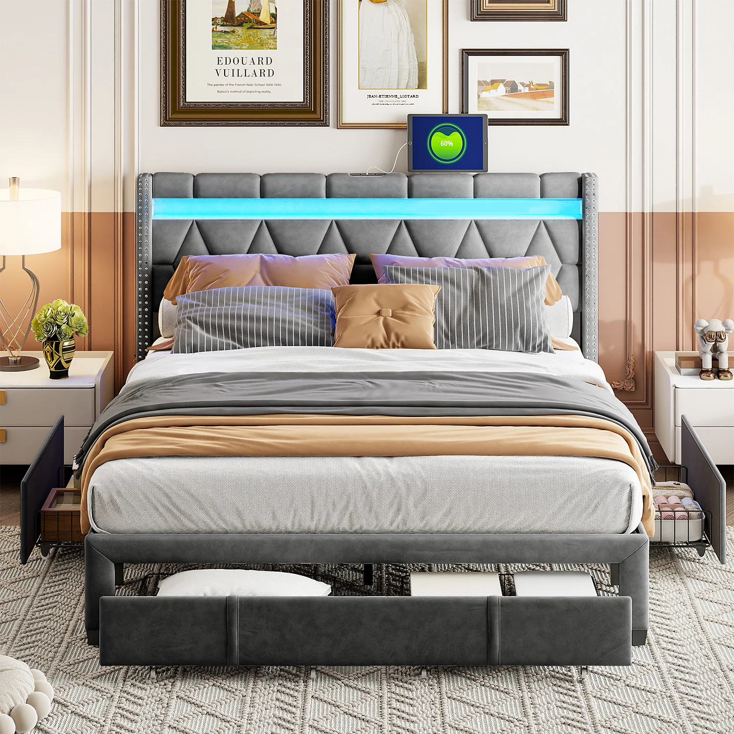 ROSAHQNDA Letto imbottito con Cassetti، Letto الزواجية Moderno in Lino، testiera Unica a LED con porte USB، Sans Materasso