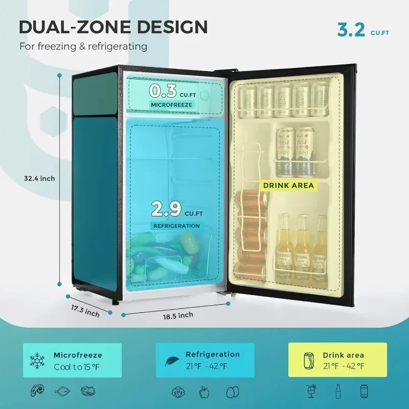 EUHOMY 3.2 Cu.Ft Mini Fridge with Freezer, Single Door Compact Refrigerator, LED light, Adjustable Thermostat, Mini Refrigerator