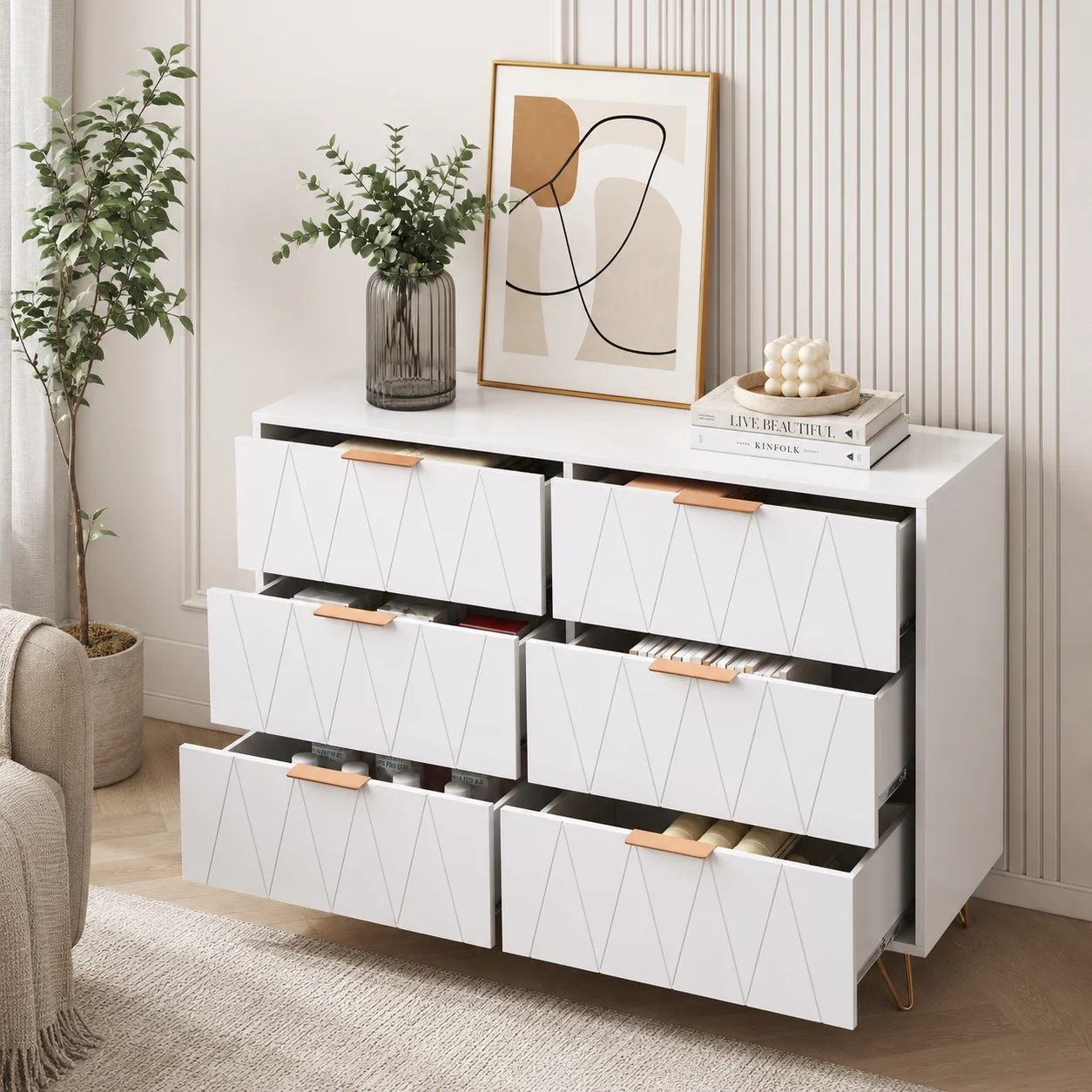 Commode 6 Tiroirs Blanche, Meuble de Rangement 100 x 34 x 72,5 cm avec Poignées Dorées et Pieds Métalliques, Commode Moderne Design Géométrique pour Chambre, Salon, Entrée, Bureau