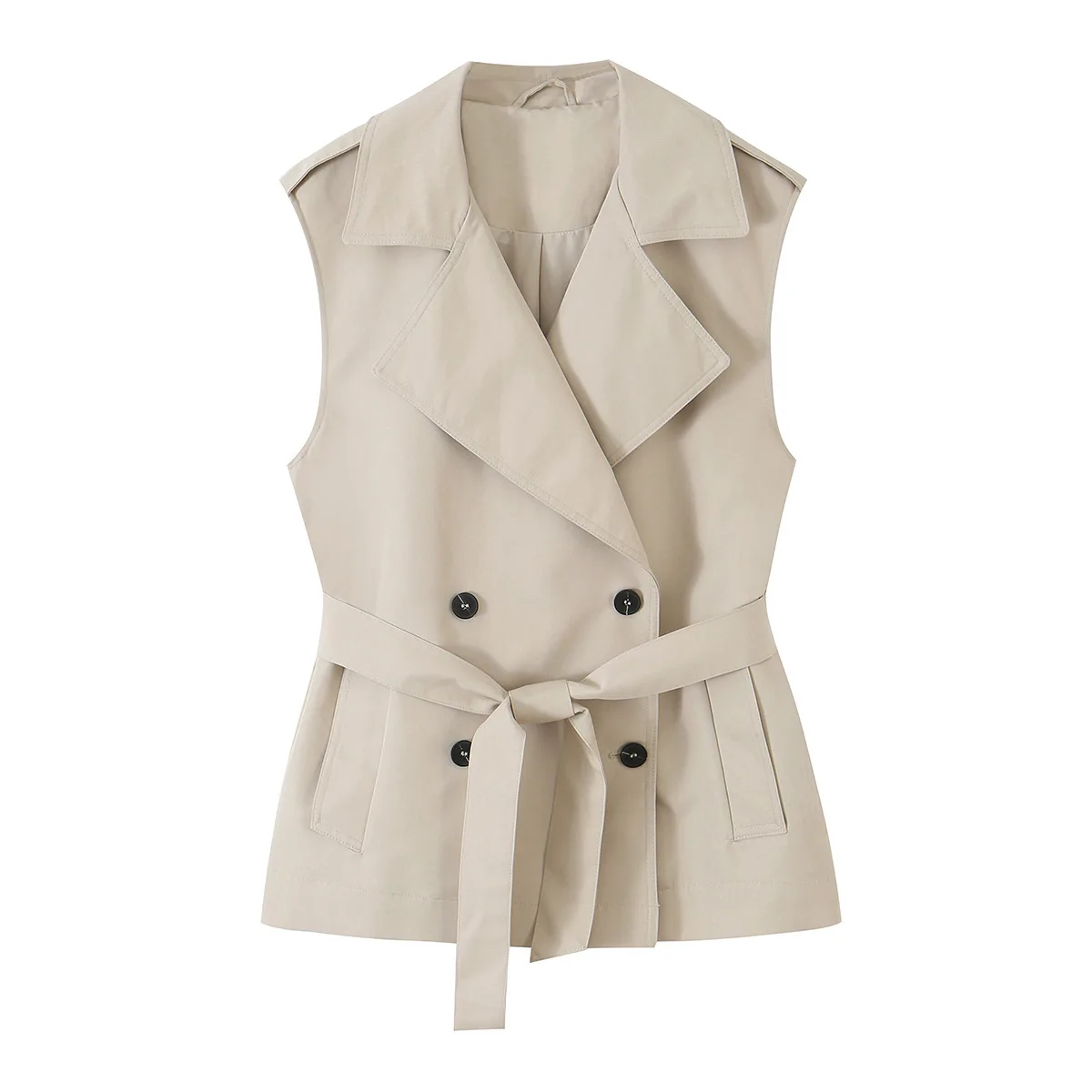 Women Khaki Sleeveless Trench Coat Double Breasted Belted Waistcoat Lapel Collar Short Vest Coat French Elegant Office Lady Top