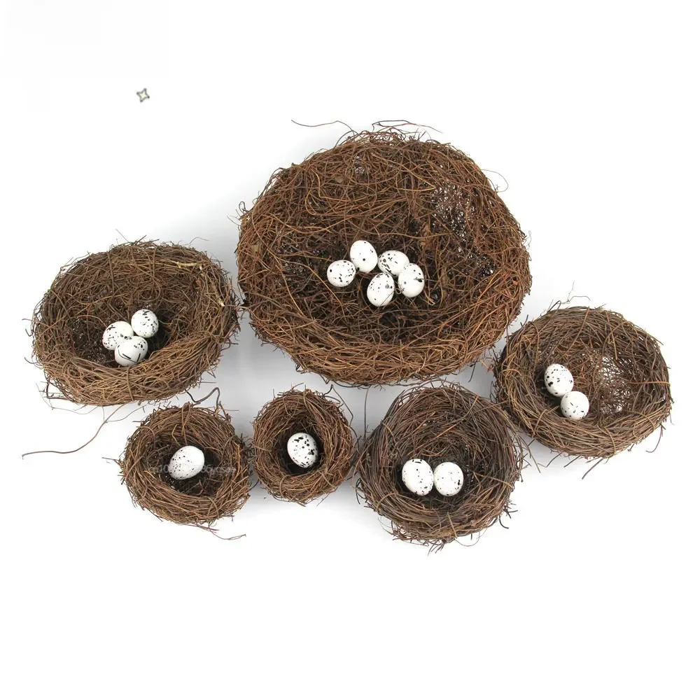 Nid d'oiseau rond en rotin pour Pâques, artisanat fait à la main, simulation de vigne, accessoires de décoration d'oeuf, affichage de fenêtre de jardin à la maison
