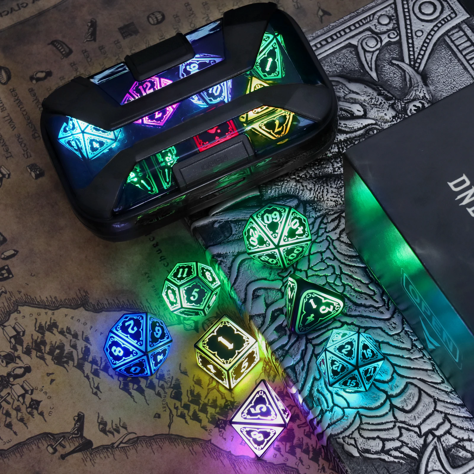 Conjunto de dados LED com estojo de carregamento - dados iluminados de 7 cores para jogos de mesa