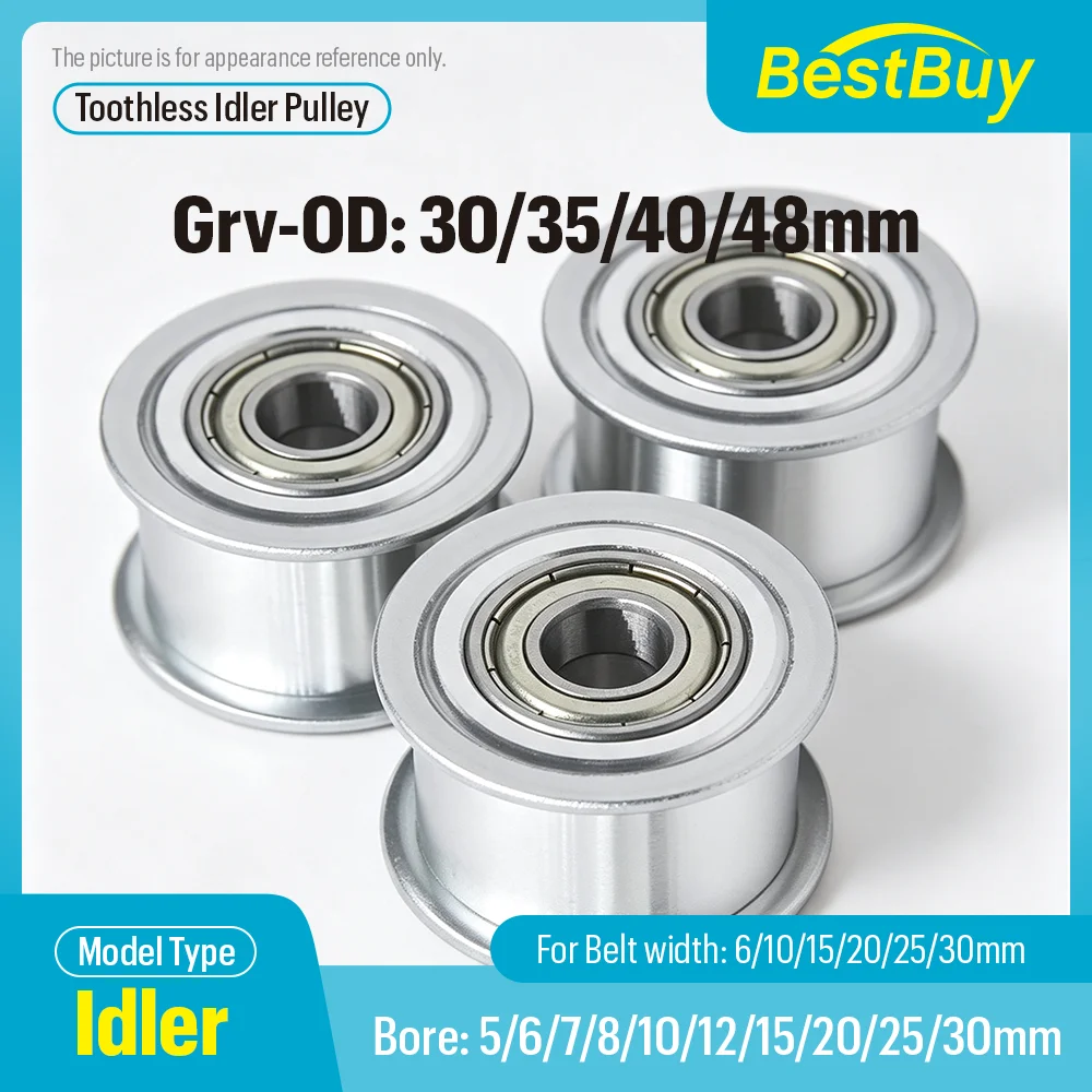 Smooth Toothless Aluminum Flange Idler Pulley with Bearings, 30/35/40/48mm Grv‑OD for 6-30mm Width Timing Belt Tension Roller