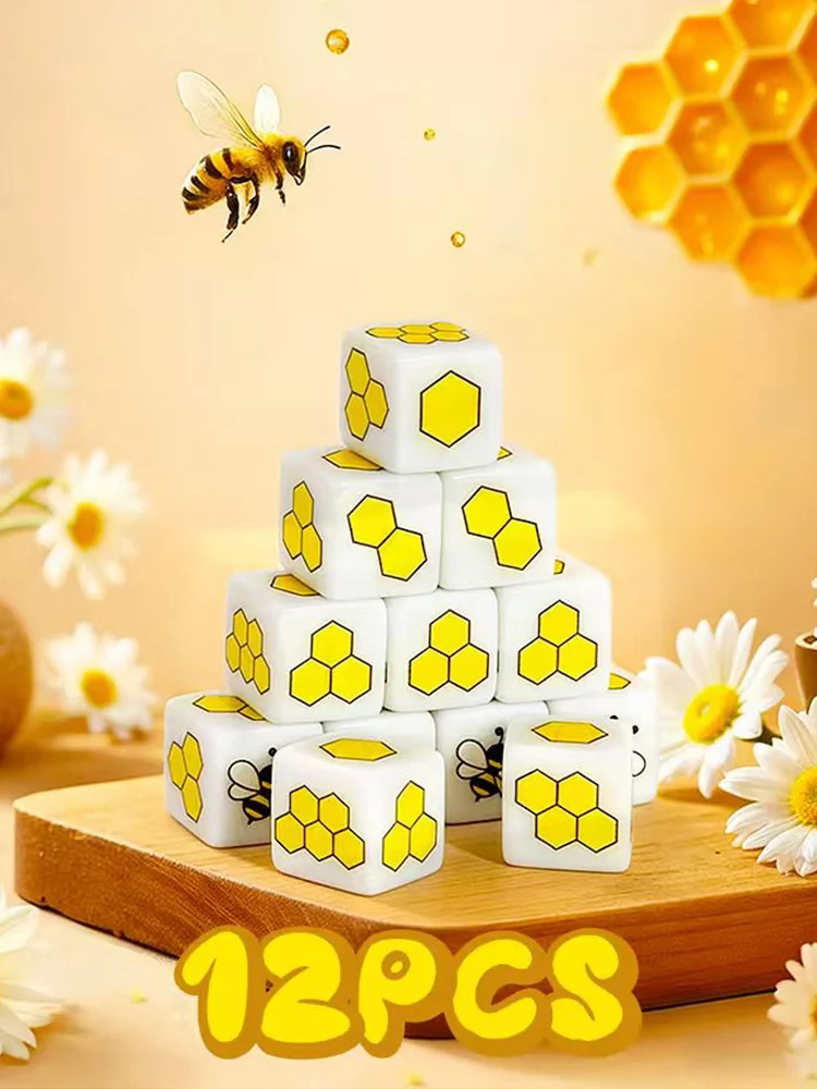 6/12Pcs Acrylic Dice, D6 Dice, with Bee and Honeycomb Patterns | Suitable for Tabletop Games, Party Favors, and Collectibles