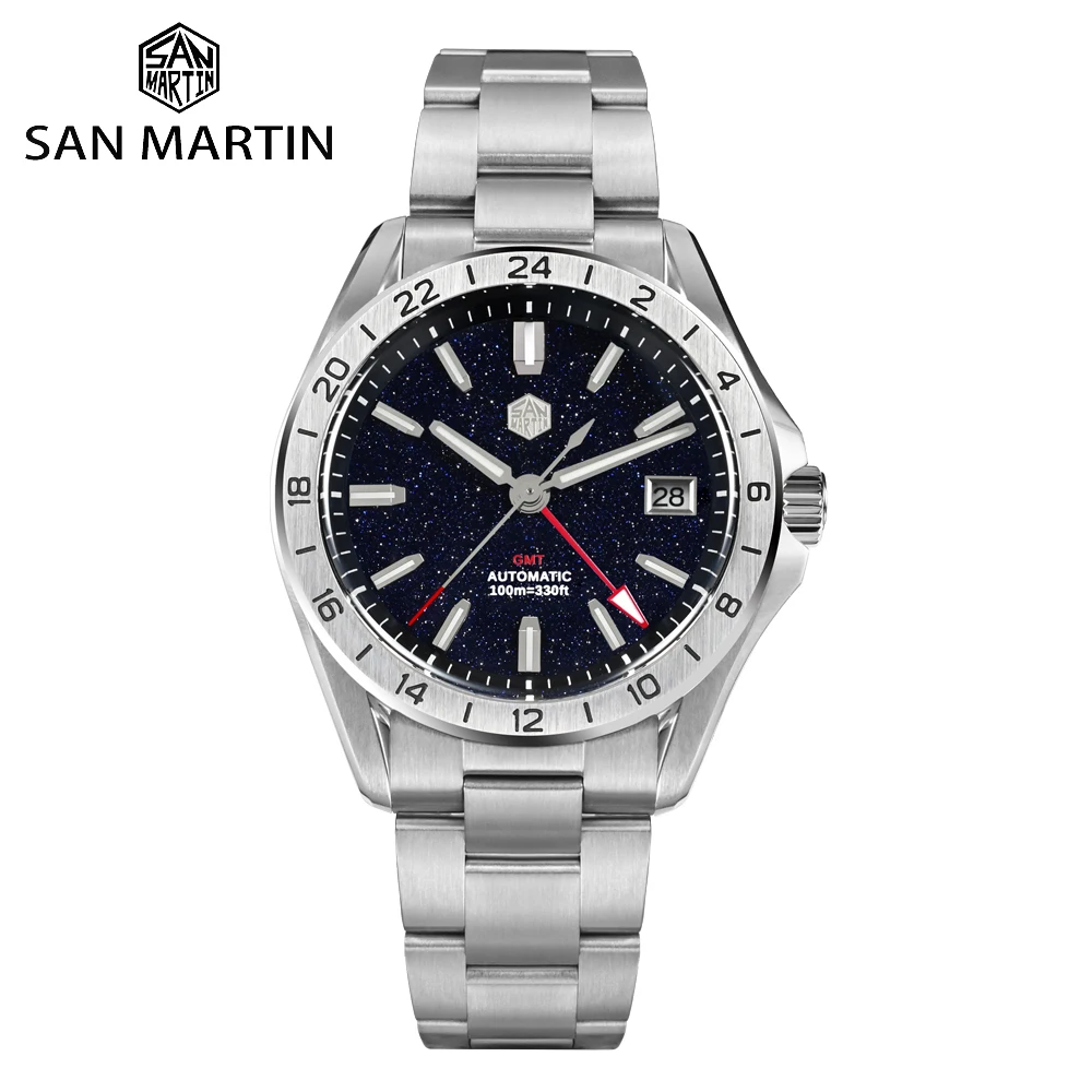 San Martin Design GMT Luxury Men Watch Aventurine Gemstone Dial NH34 Stainless Steel Automatic Mechanical Wristwatch 100m SN0129