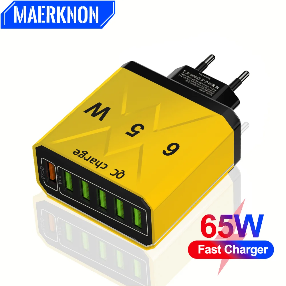 

6 Ports USB Charger 65W Fast Charging QC 3.0 Travel Charger For iPhone 14 Samsung Xiaomi Mobile Phone Adapter EU KR US UK Plug