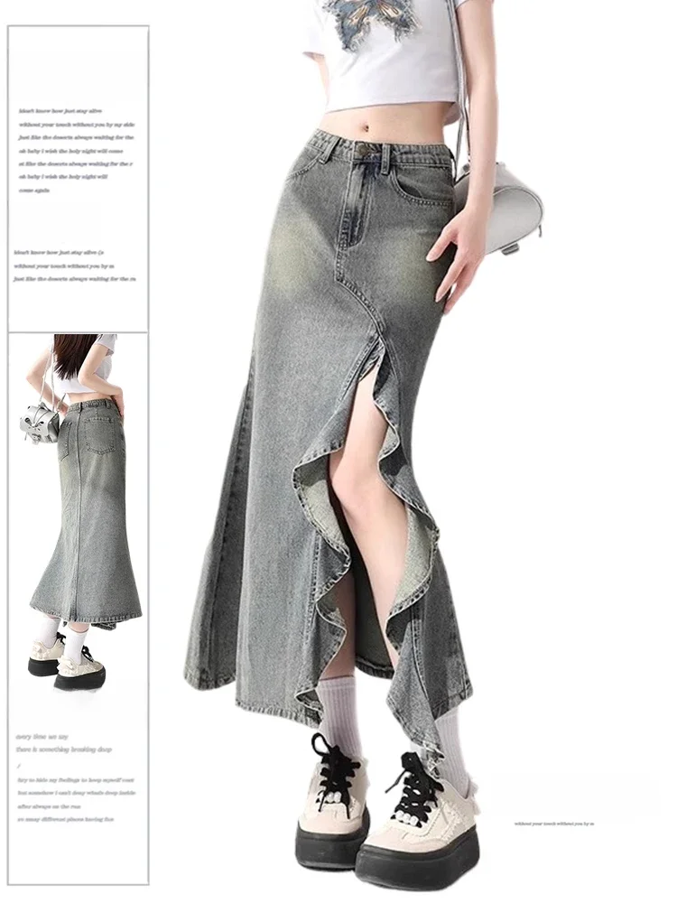 Summer Women Korean Vintage Midi Denim Slit Skirt Y2k Coquette 2000s Aesthetic Fashion Trumpet Mermaid 2000s Aesthetic Gyaru New — zdjęcie 2