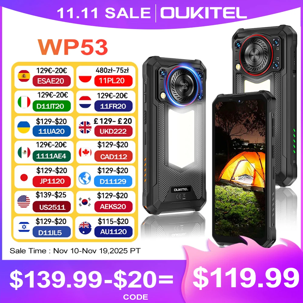World premier Oukitel WP53 Rugged Phone 6.52'' HD Camping Light Telephone Portable 24G(8+16)+128GB 11000mAh Smartphone Android 15
