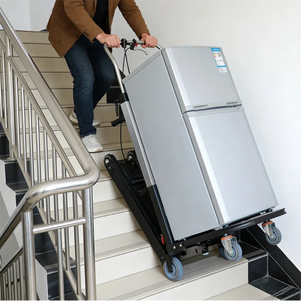 Wspinacz po schodach. Wózek schodowy z akumulatorem o udźwigu 200-400 kg. Wytrzymała maszyna do transportu ciężkich ładunków. Wózek gąsienicowy, wózek ręczny