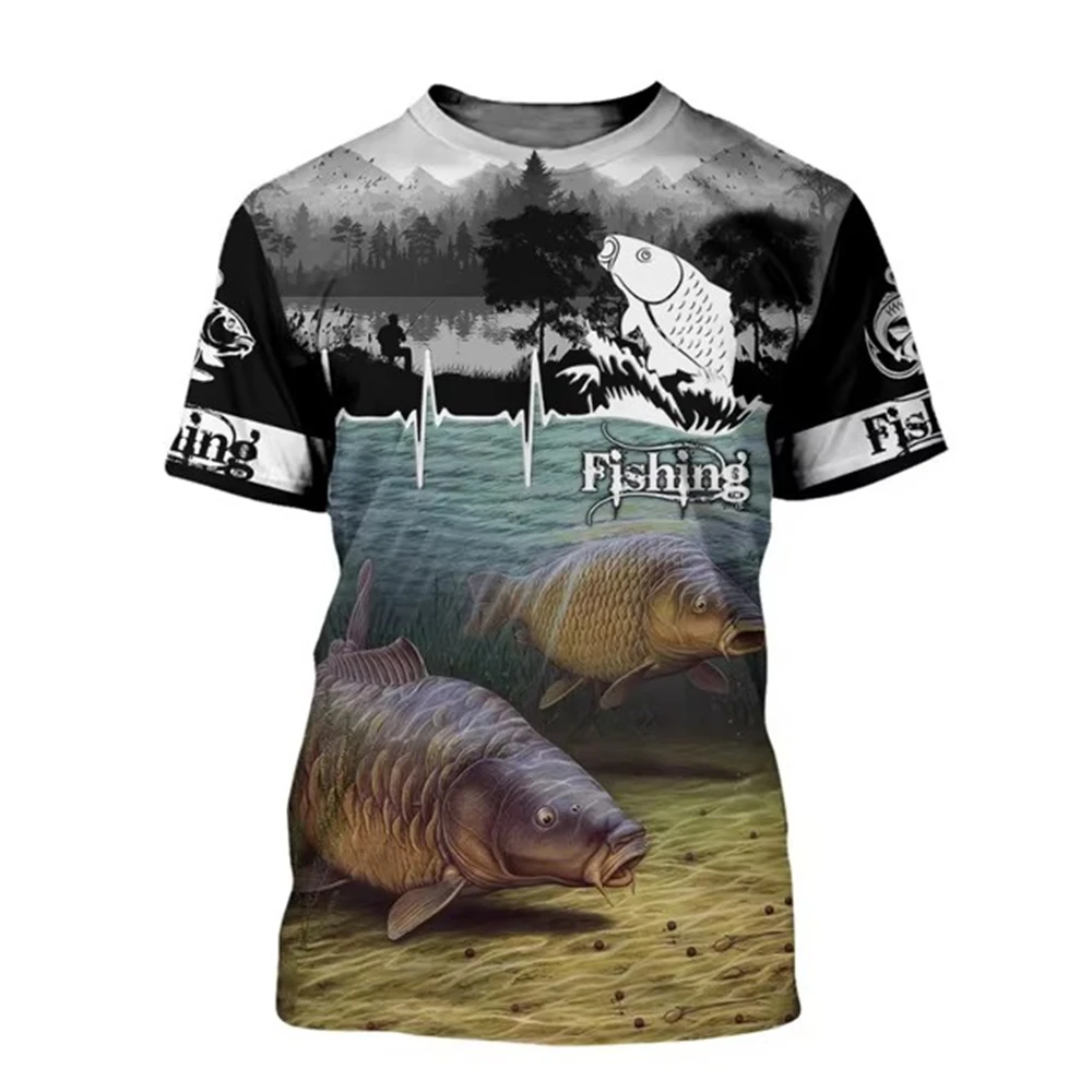 Summer Carp Fishing Print T-shirts For Men Outdoor Catfish Printing Loose Short Sleeve Quick Drying Tee Shirt Casual Street Tops