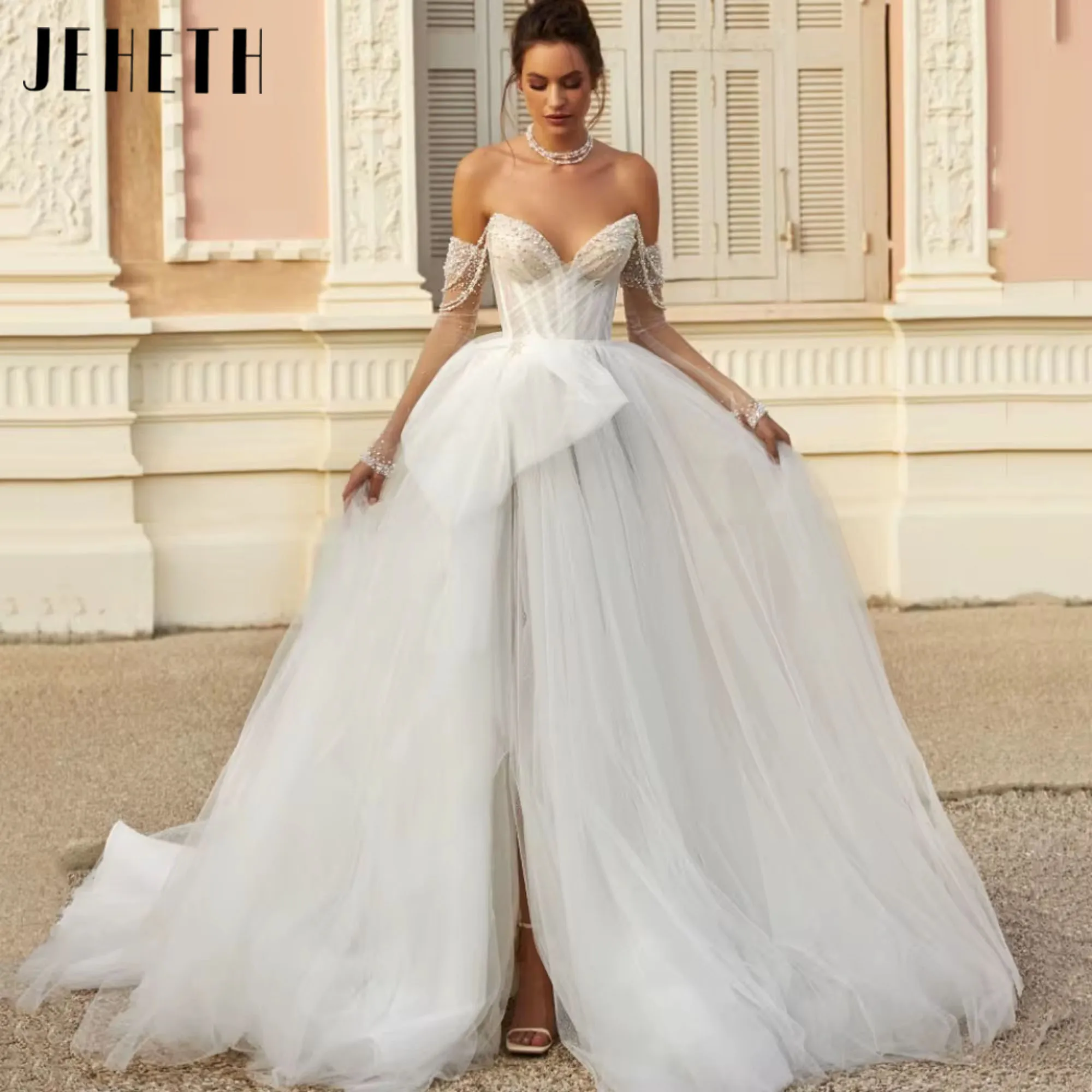 Tüll A-Linie Schulterfrei Schatz Brautkleid Moderne rückenfreie Braut Robe Luxus Perlen Reißverschluss Brautkleid MaßgeschneidertTüll A-Linie Off Schulter Liebling Brautkleid Modernes Rückenloses