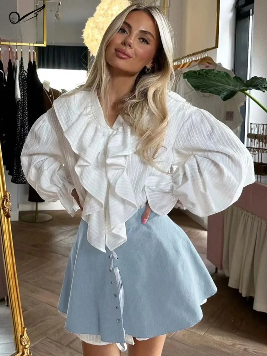 Oymimi Fashion Blue 2-częściowe zestawy damskie Eleganckie koszule z długim rękawem i bandażem w talii A-Line Mini spódniczki — zdjęcie 2