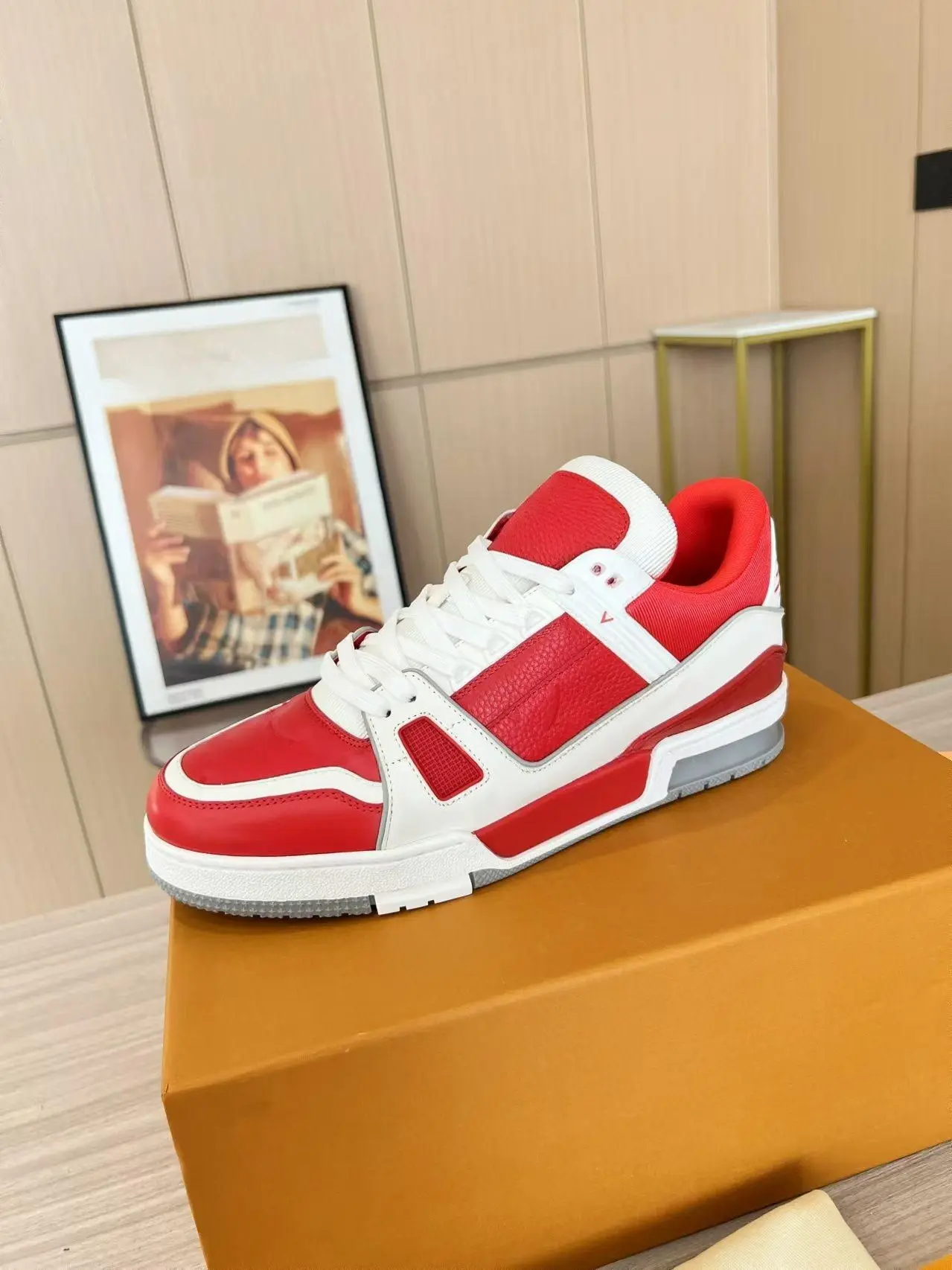 Unisex Fashion Lace Up Board Sneakers Bright Red Upper White Outline Thick Flat Sole All Match Footwear