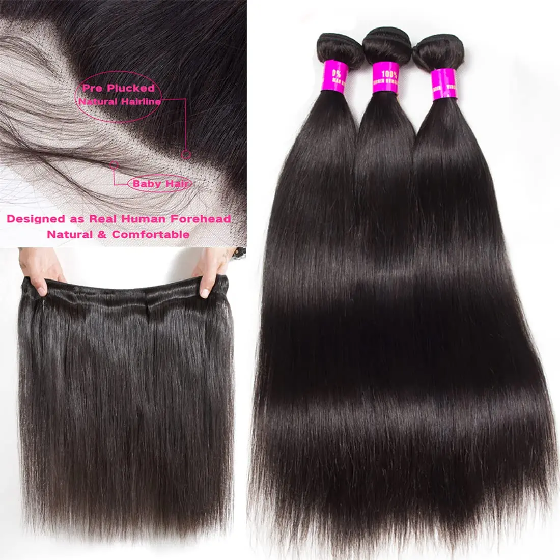 Extensiones de cabello humano Remy liso brasileño para mujeres negras, extensiones de cabello con cierre Frontal de encaje transparente, 13x4