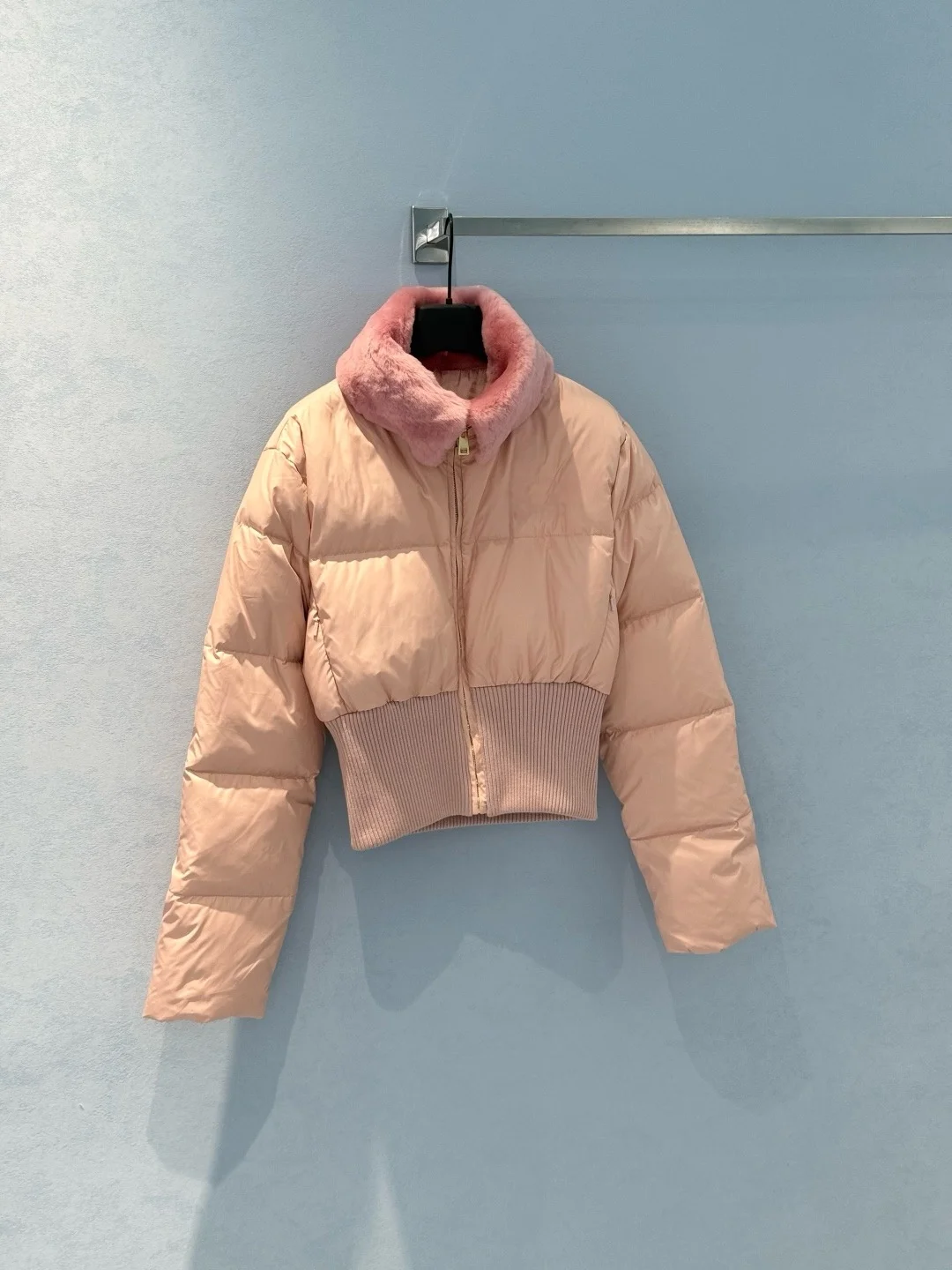 pink ski jacket, real wool collar, women's waist padded coat, high waist design, luxury winter coat,quilted down coat,