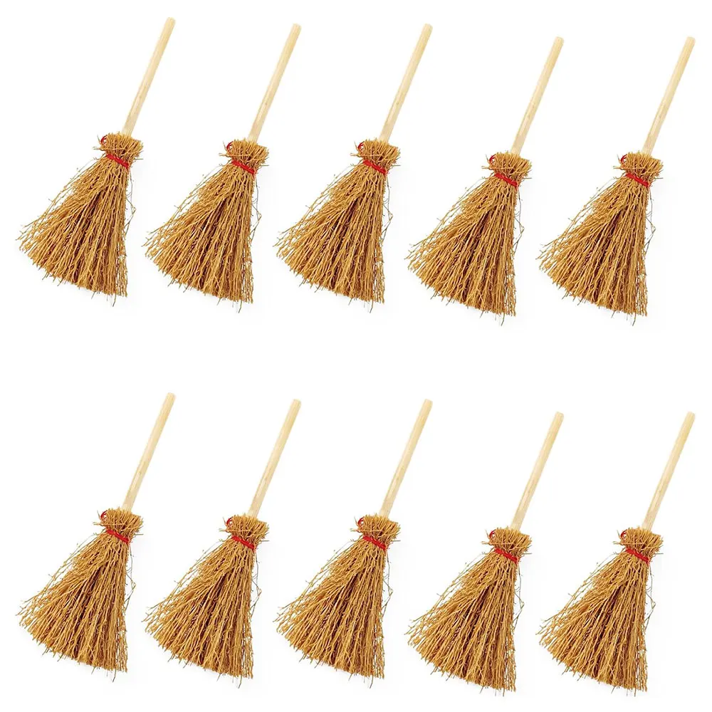 

10 PCS Mini Straw Brooms Artificial Miniature Craft Witch Broom with Red Ropes for Hanging Halloween Party Decorative Accessory