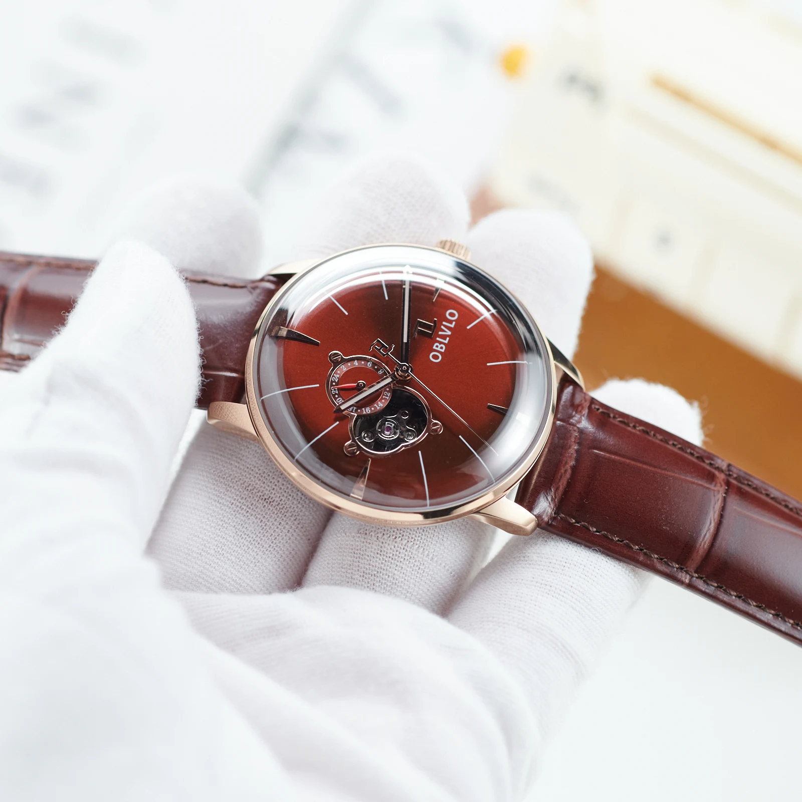 

Мужские часы OBLVLO с оранжевым циферблатом цвета розового золота, с турбийоном, из натуральной кожи, аналоговый дисплей, классические механические часы NW