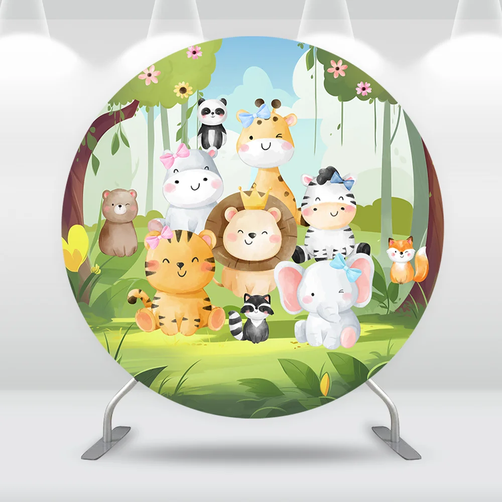 Cartoon Animals Jungle Safari Party Round Circle Backdrop Cover for Kids Baby Tiger Elephant Newborn 1st Birthday Background