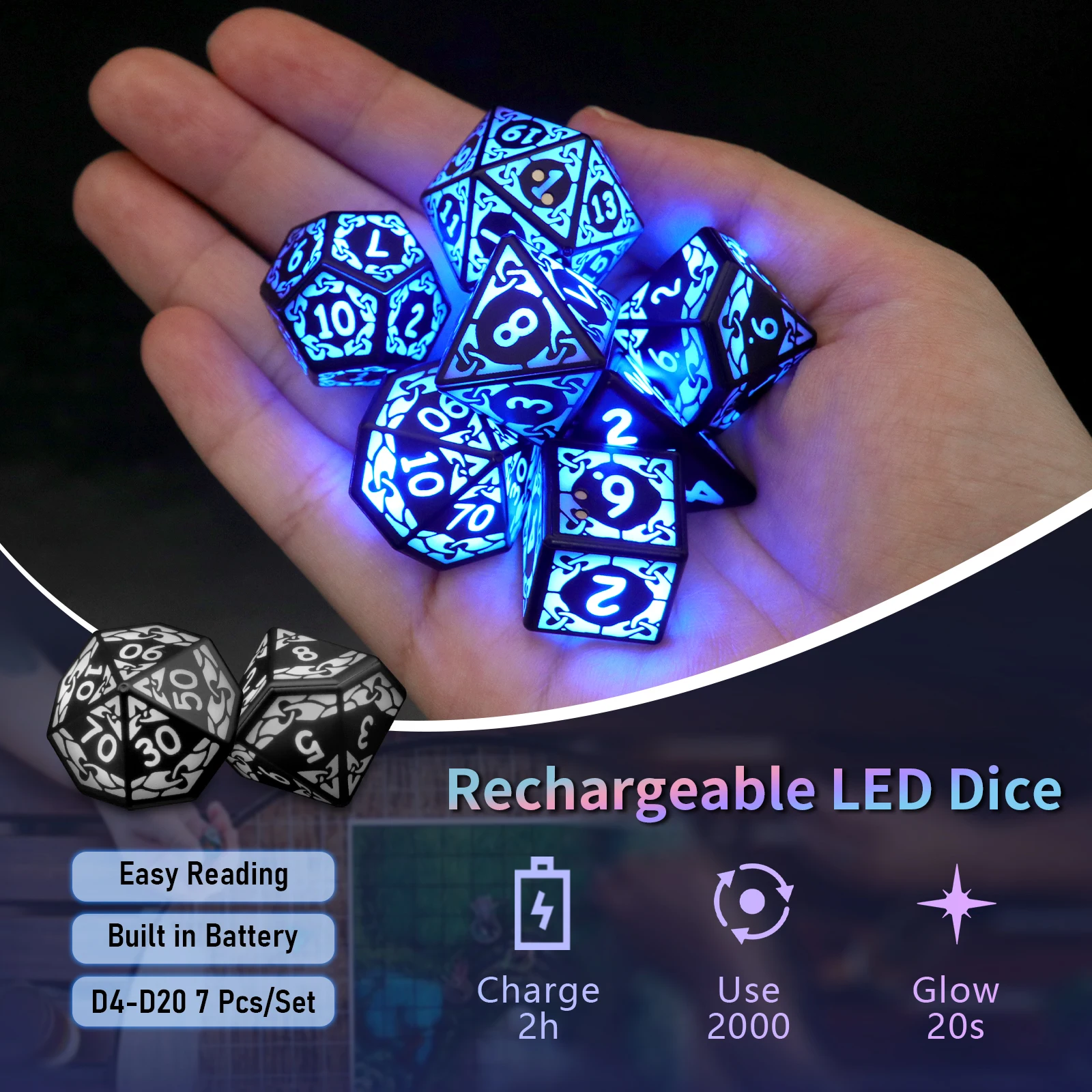 7 PCS LED Dice Rechargeable with Charging Box Electronic Dice for rpg Tabletop Games D&D Dice Blue Light