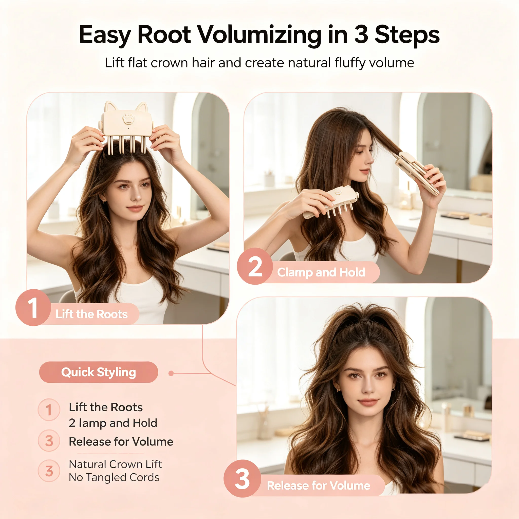 Kabelloser Haarwurzel-Volumen-Clip, wiederaufladbarer Haarheber-Kamm, Styling-Tool, sicherer Haar-Flauschfixierer, für die tägliche Haarstyling-Erstellung – Detail 2
