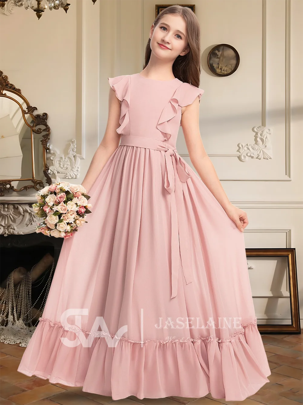 

FSG A Line Scoop Junior Bridesmaid Dress Flower Girl Dress Floor Length Chiffon Cascading Ruffles Sleeveless Bow Wedding Formal