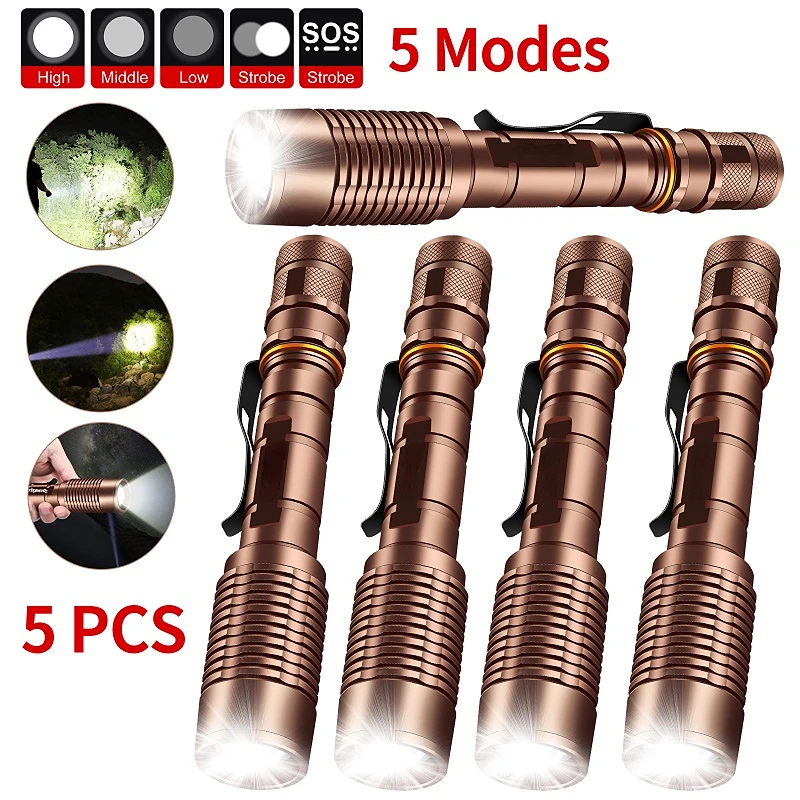 5pcs High Lumens Led Flaslight Zoomable 5 Light Modes Flash Light for Hiking Camping Cycling Outdoors Fishing