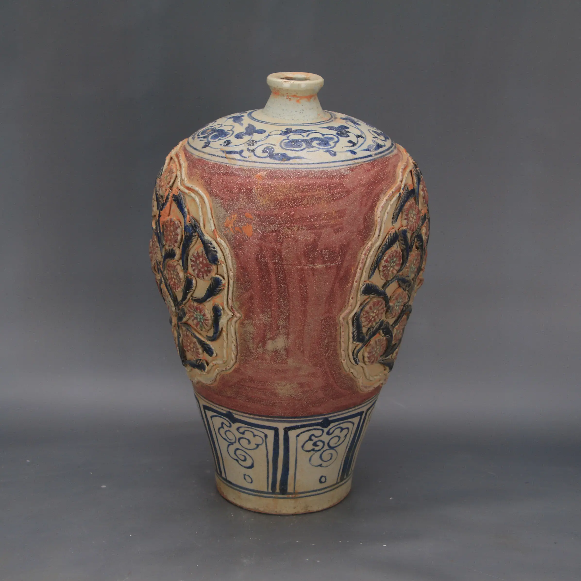 Yuan Dynasty Style Blue and White Shufu Kiln Underglaze Red Relief Floral Meiping Vase Vintage Chinese Home Decor Collectible
