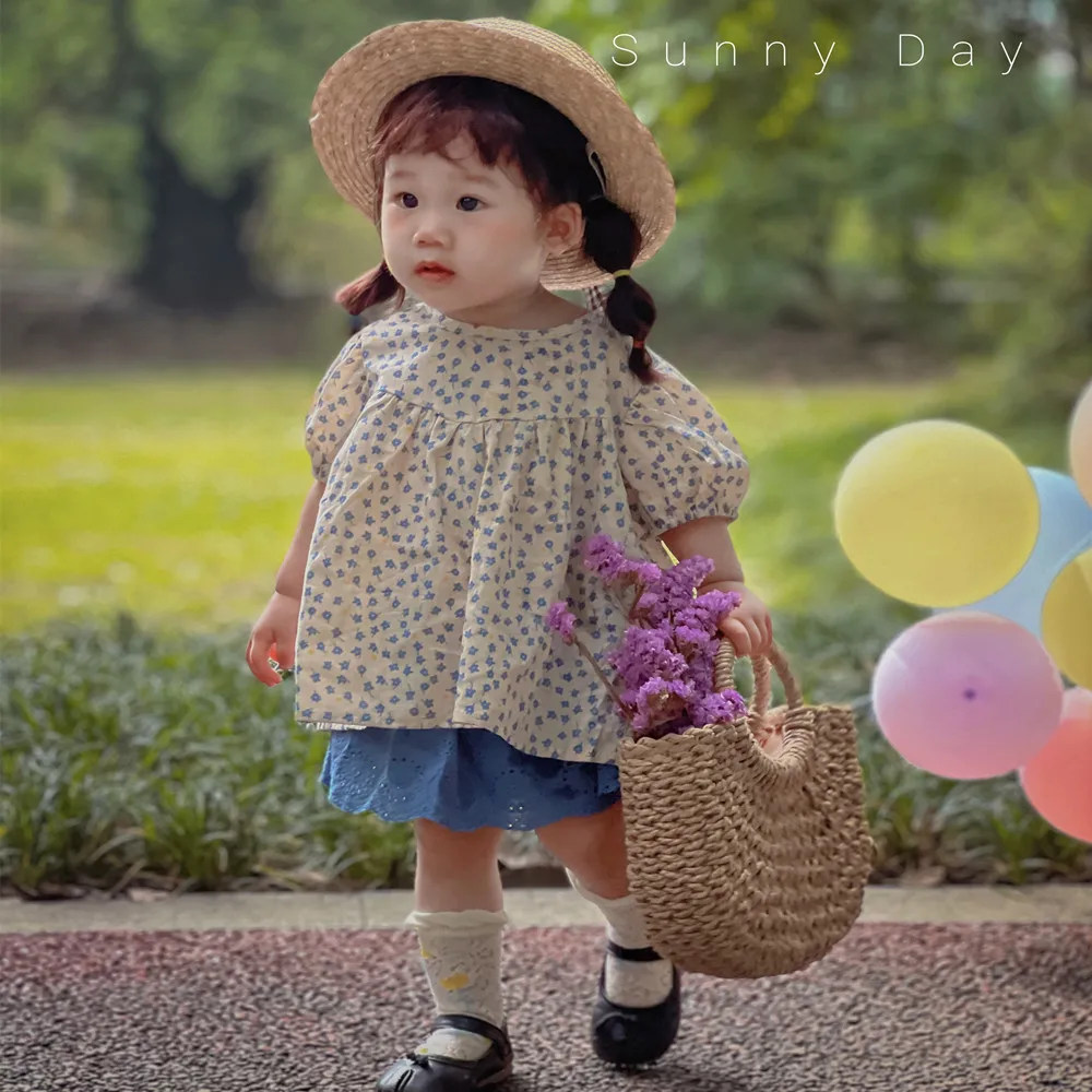 2022 summer ins Baby Flower Print Short Sleeve Top + pant + Hat Set 3-piece baby girl set beautiful and fashionable