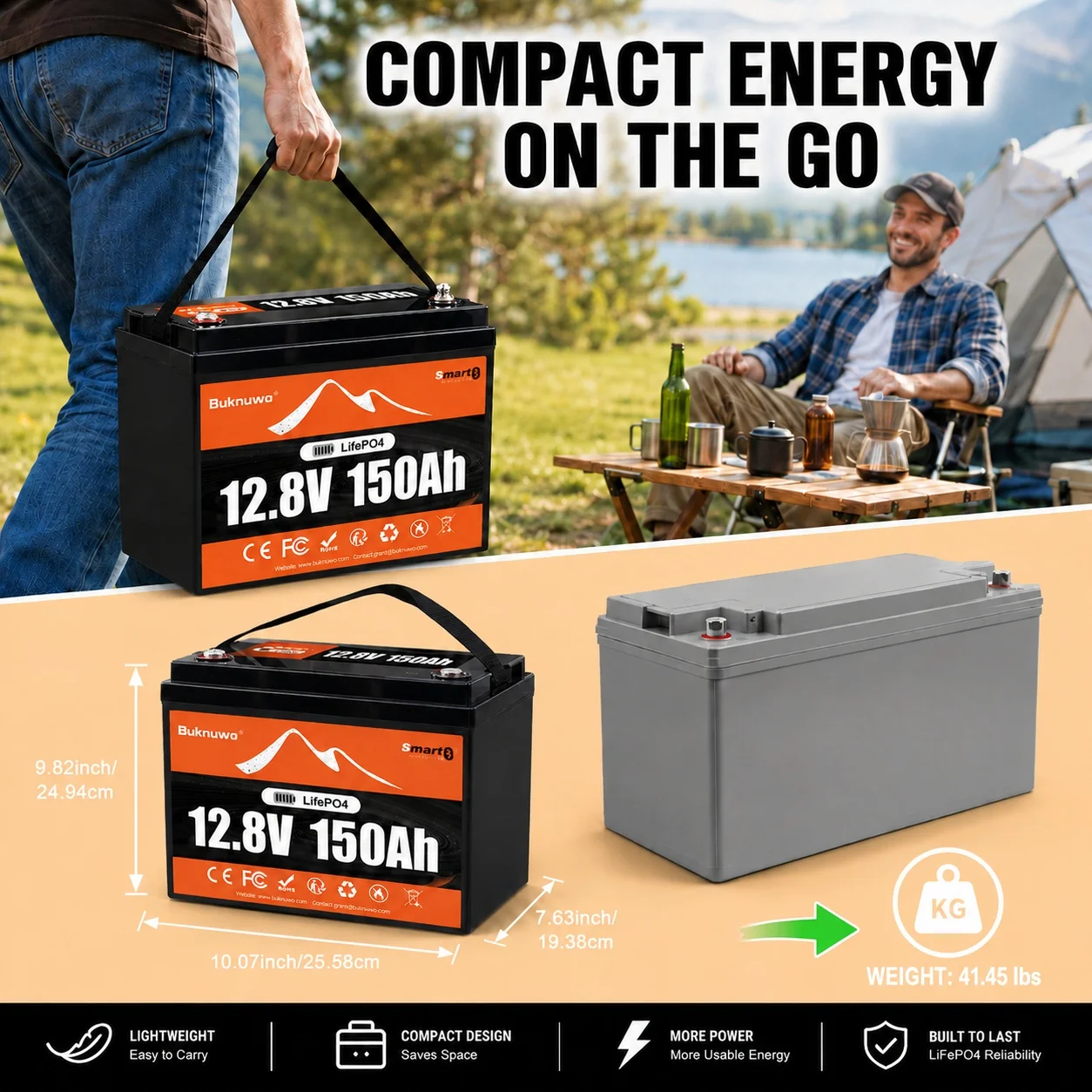 Buknuwo Smart 12V/12.8V 150Ah Bluetooth LiFePO4 Lithium Battery, 1920Wh Power Energy Battery, Built-in 100A BMS Grade A Cells, Low-Temp Protection, Capable Of Over 4, 000 Cycles Support Series/Parallel Battery For Solar, RV, Marine, Off-Grid Application view 4