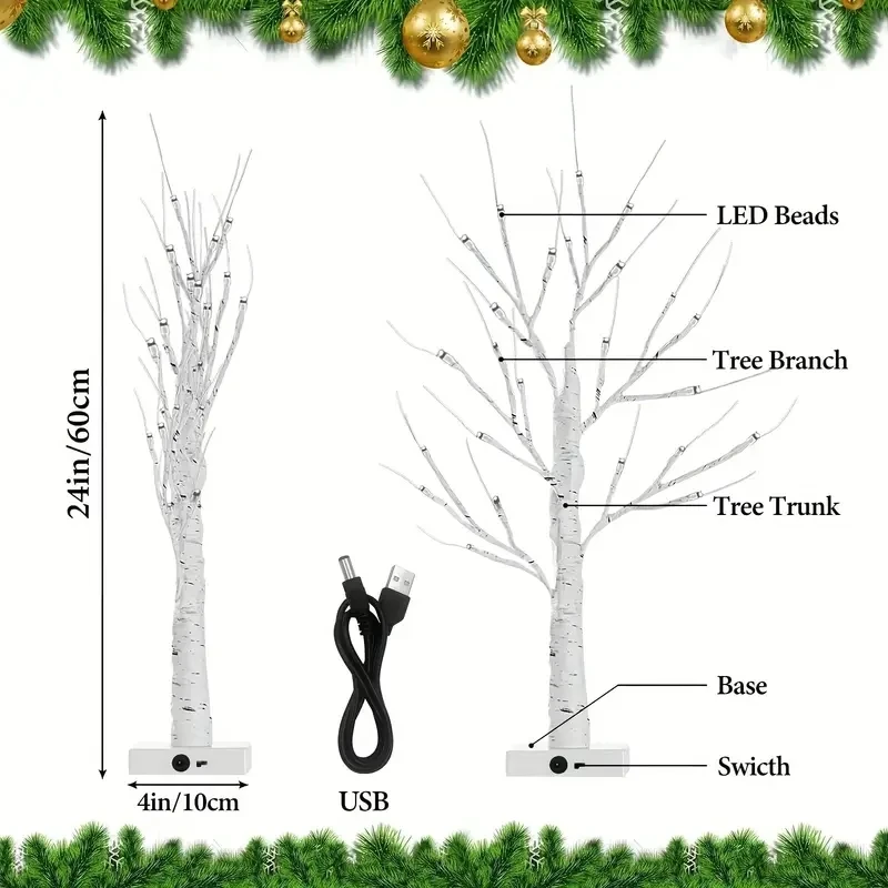 1PC USB Battery Birch Tree Light 24in/60cm Artificial Tree For Christmas Halloween Thanksgiving Decoration Landscape Tree Lamp