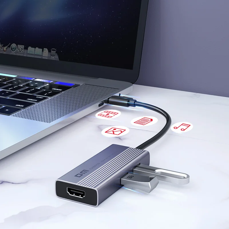 DM نوع C إلى USB3.0 * 3 + HDMI + PD + 1000mbps إيثرنت متعددة الوظائف محور CHB059