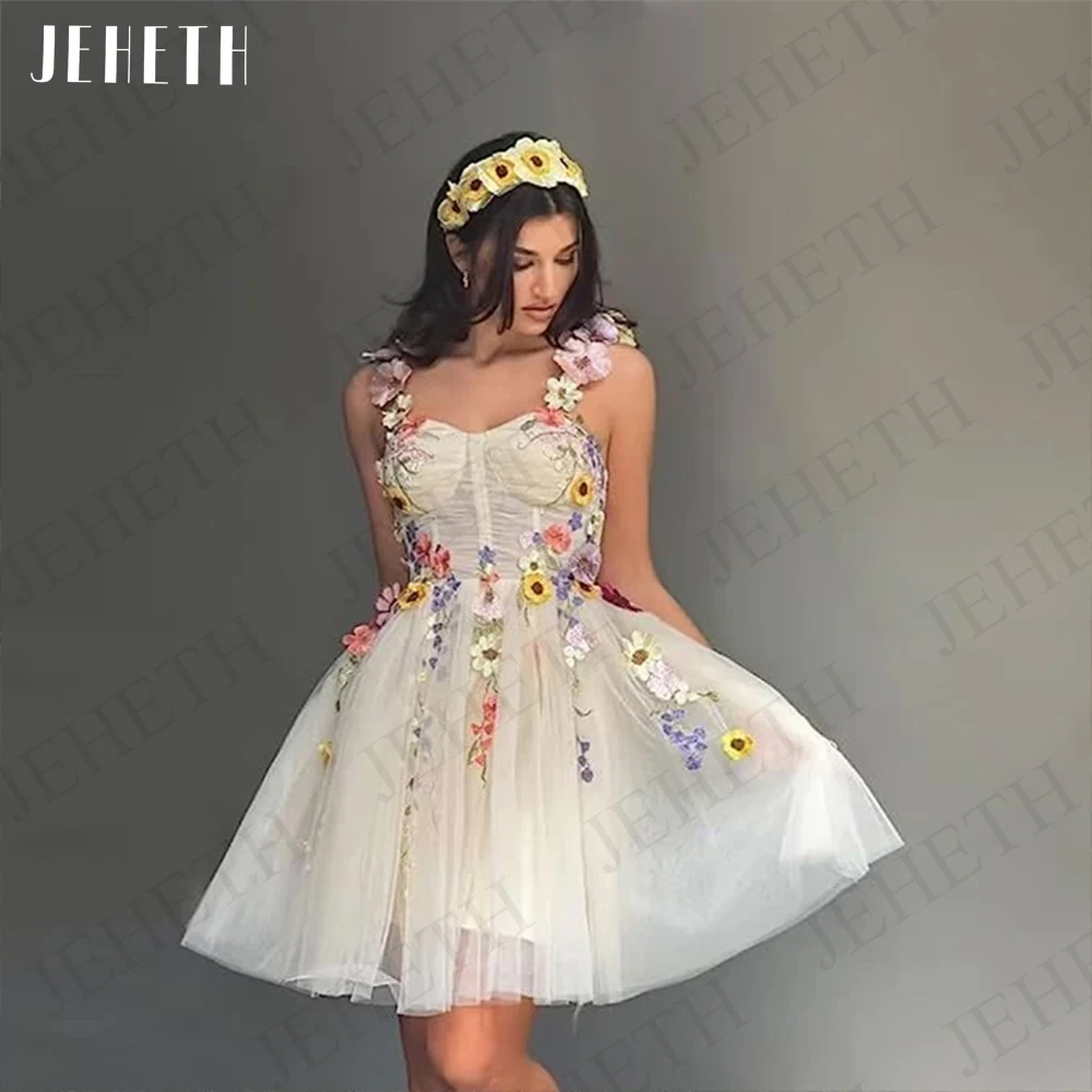 JEHETH Mini 3D Flowers Prom Dress For Women Spaghetti Straps Lace Up Party Gown A Line Tulle Sweetheart Vestidos De Graduació