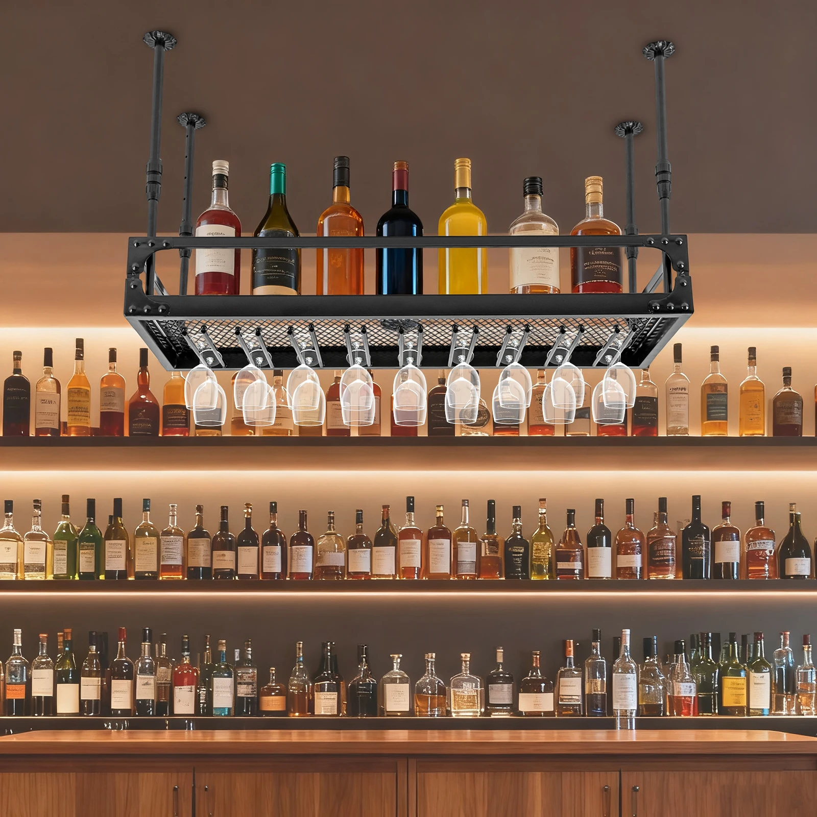 Industrial Vintage Bar Floating Shelf, Adjustable Height Ceiling Mounted Hanging Wine Bottle Holder, Shelf Champagne Glass Rack, Bar Home Decor(Size : 100cm)