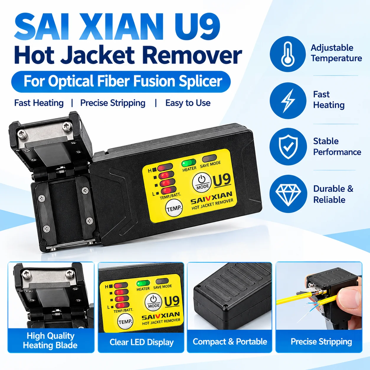 SAIXIAN U9 Fiber Optic Hot Jacket Remover Thermal Stripper 1-48 Core Ribbon Bare Fiber Stripping Tool for FTTH Fusion Splicing